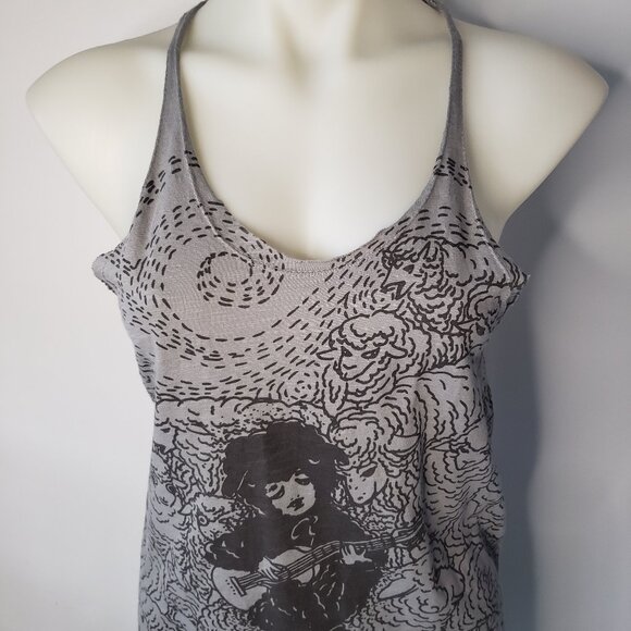 Gray Cotton Raw Edge PEEL Tank Top w Sheep and Guitar Player screen print Design - Picture 2 of 12